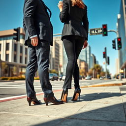 A stylish man and woman standing on a city sidewalk, both wearing high heels, waiting for a traffic light to turn red