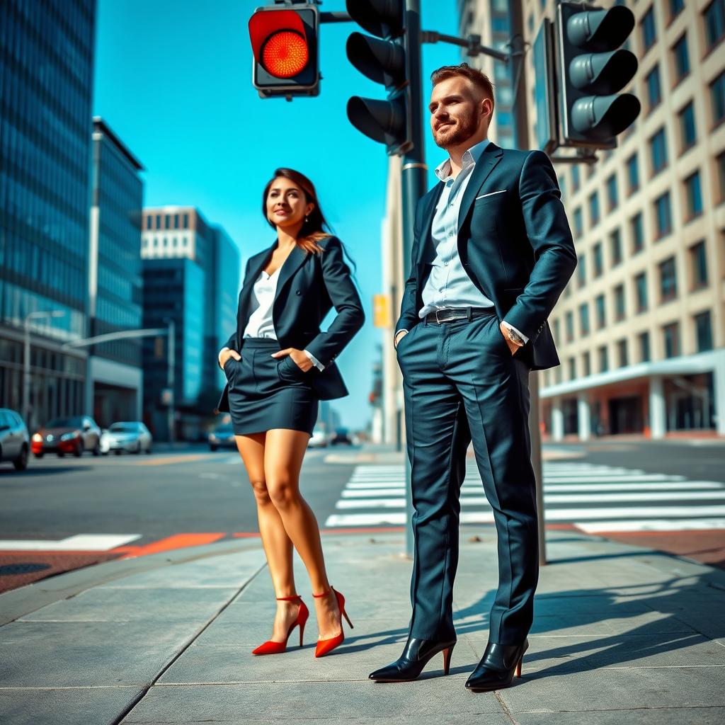 A stylish man and woman standing on a city sidewalk, both wearing high heels, waiting for a traffic light to turn red