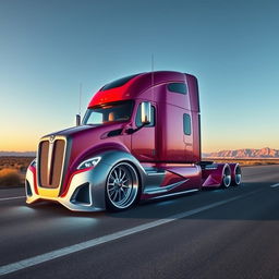A futuristic semi-truck showcasing custom-cutting edge Fiat rims designed with a bold and innovative aesthetic