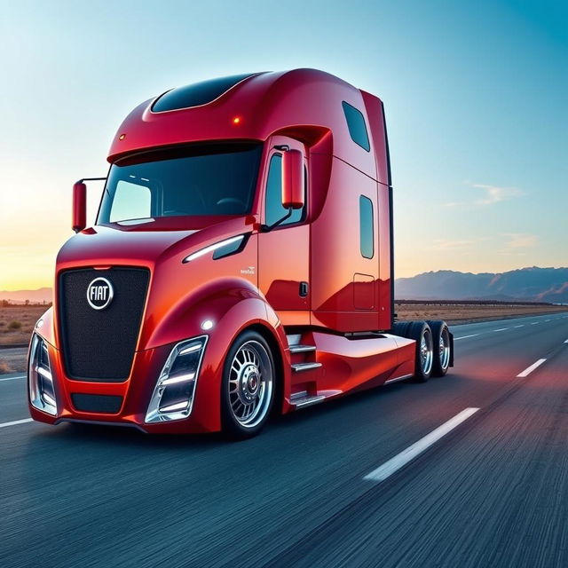 A futuristic semi-truck showcasing custom-cutting edge Fiat rims designed with a bold and innovative aesthetic