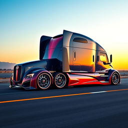 A futuristic semi-truck showcasing custom-cutting edge Fiat rims designed with a bold and innovative aesthetic