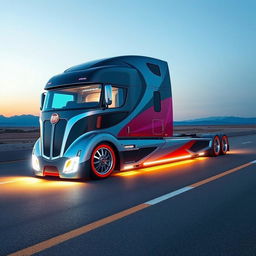 A futuristic semi-truck showcasing custom-cutting edge Fiat rims designed with a bold and innovative aesthetic