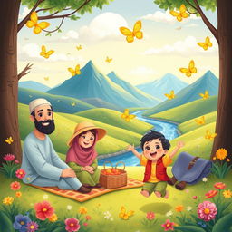 A vibrant and whimsical illustration of a Muslim family having a picnic in a cheerful setting