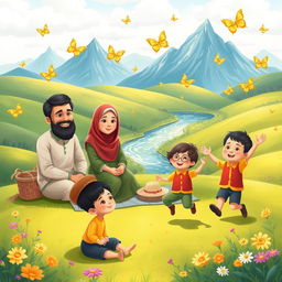 A vibrant and whimsical illustration of a Muslim family having a picnic in a cheerful setting