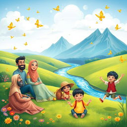 A vibrant and whimsical illustration of a Muslim family having a picnic in a cheerful setting