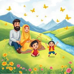 A vibrant and whimsical illustration of a Muslim family having a picnic in a cheerful setting
