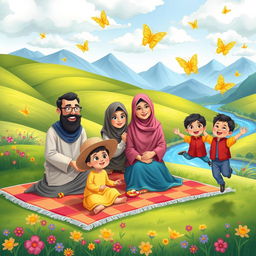 A vibrant and whimsical scene depicting a Muslim family of seven enjoying a picnic