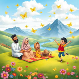 A vibrant and whimsical scene depicting a Muslim family of seven enjoying a picnic