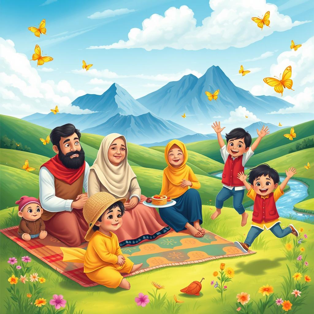 A vibrant and whimsical scene depicting a Muslim family of seven enjoying a picnic