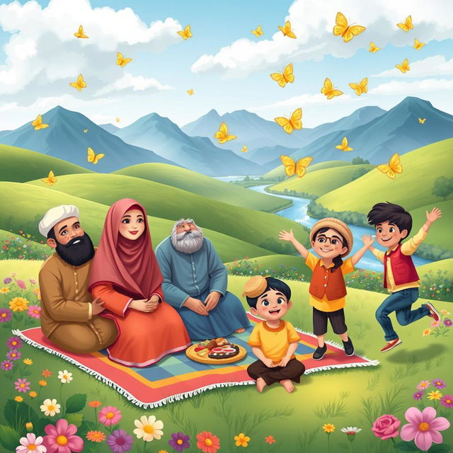 A vibrant and whimsical scene depicting a Muslim family of seven enjoying a picnic