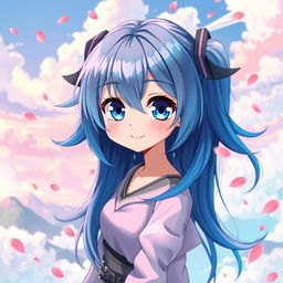 A vibrant digital art piece featuring a blue-haired anime girl with striking large eyes