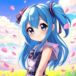 A vibrant digital art piece featuring a blue-haired anime girl with striking large eyes