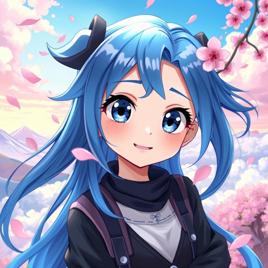 A vibrant digital art piece featuring a blue-haired anime girl with striking large eyes