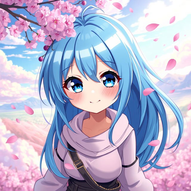 A vibrant digital art piece featuring a blue-haired anime girl with striking large eyes