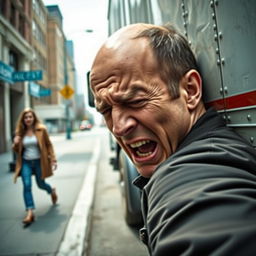 A dramatic scene depicting a man struck by a truck, with intense focus on his expression of pain and shock