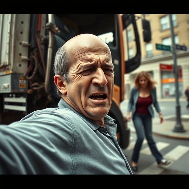 A dramatic scene depicting a man struck by a truck, with intense focus on his expression of pain and shock