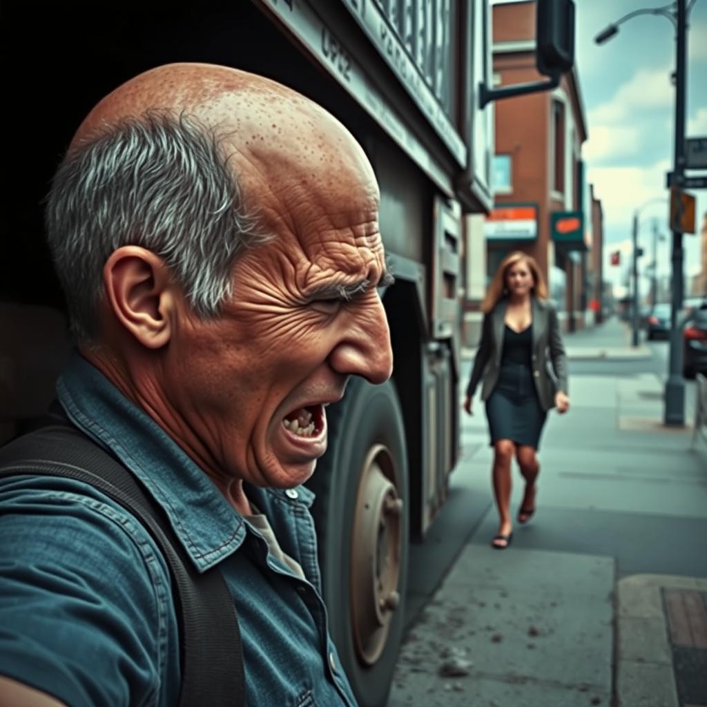 A dramatic scene depicting a man struck by a truck, with intense focus on his expression of pain and shock