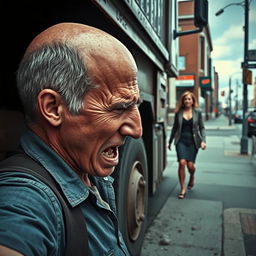 A dramatic scene depicting a man struck by a truck, with intense focus on his expression of pain and shock