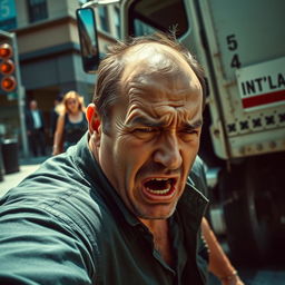A dramatic scene depicting a man struck by a truck, with intense focus on his expression of pain and shock