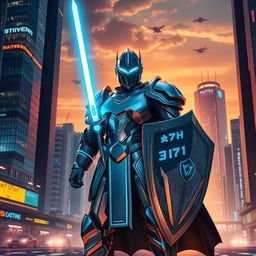 A modern knight standing tall in a futuristic cityscape, wearing sleek, high-tech armor with glowing accents