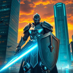 A modern knight standing tall in a futuristic cityscape, wearing sleek, high-tech armor with glowing accents