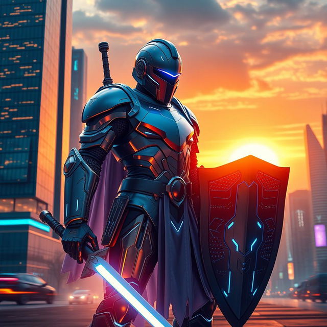 A modern knight standing tall in a futuristic cityscape, wearing sleek, high-tech armor with glowing accents