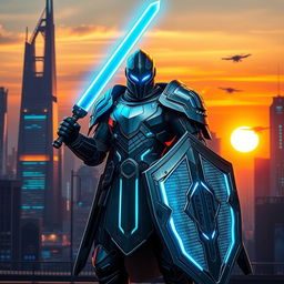 A modern knight standing tall in a futuristic cityscape, wearing sleek, high-tech armor with glowing accents