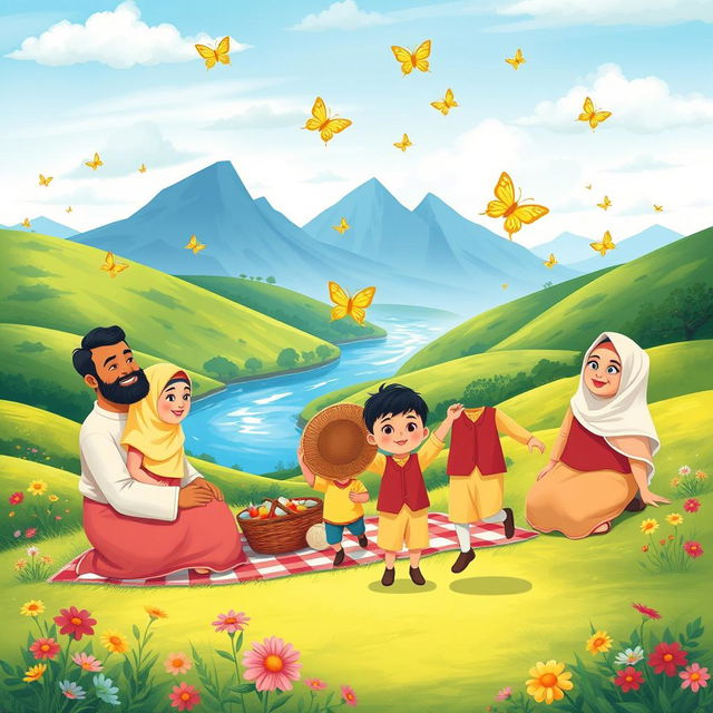 A vibrant and whimsical scene depicting a Muslim family enjoying a picnic