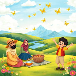 A vibrant and whimsical scene depicting a Muslim family enjoying a picnic
