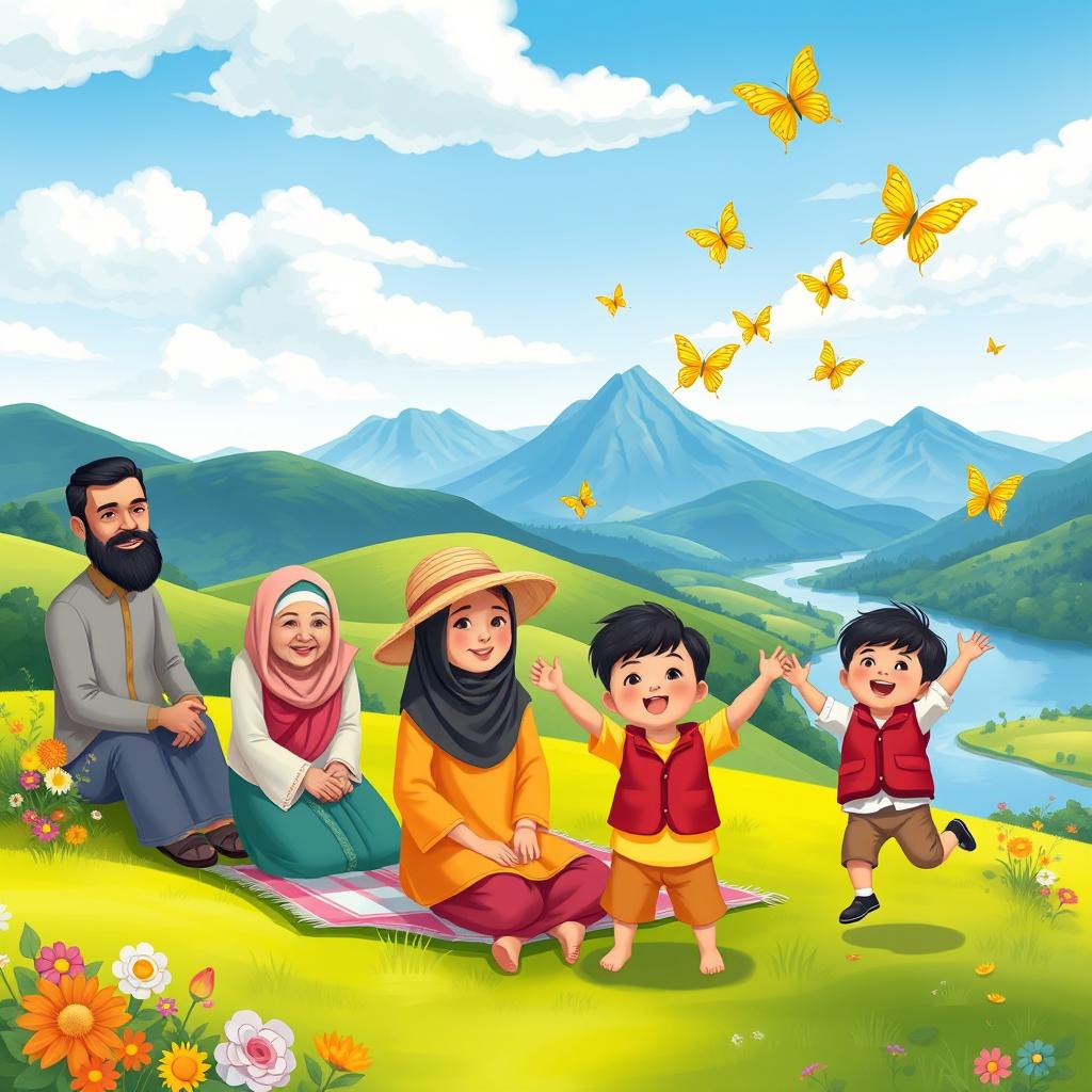 A vibrant and whimsical scene depicting a Muslim family enjoying a picnic