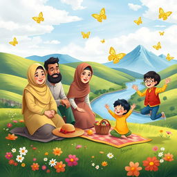 A vibrant and whimsical scene depicting a Muslim family enjoying a picnic