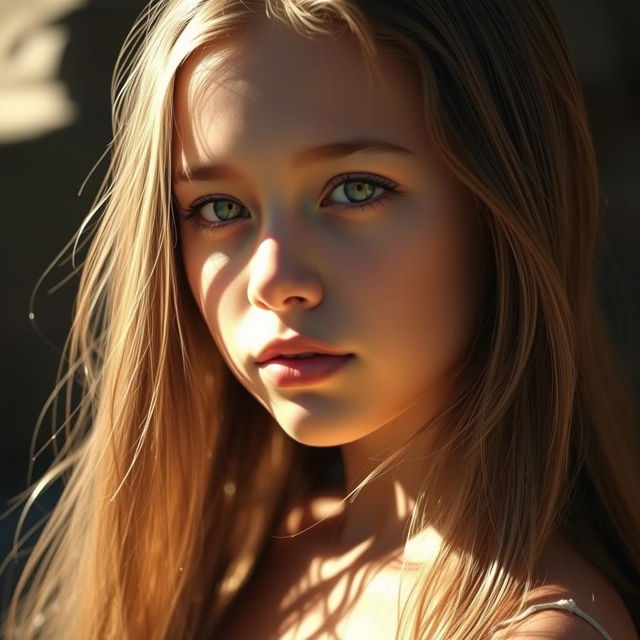 A captivating portrait of a girl with shiny, radiant skin reflecting light beautifully onto her flowing hair