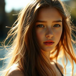 A captivating portrait of a girl with shiny, radiant skin reflecting light beautifully onto her flowing hair