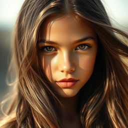 A captivating portrait of a girl with shiny, radiant skin reflecting light beautifully onto her flowing hair