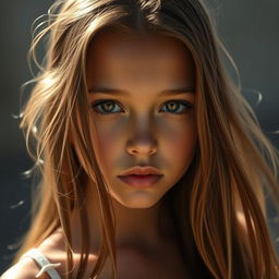 A captivating portrait of a girl with shiny, radiant skin reflecting light beautifully onto her flowing hair