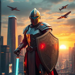 A modern knight poised impressively against a backdrop of a bustling urban landscape, sporting innovative, lightweight armor integrated with advanced technology