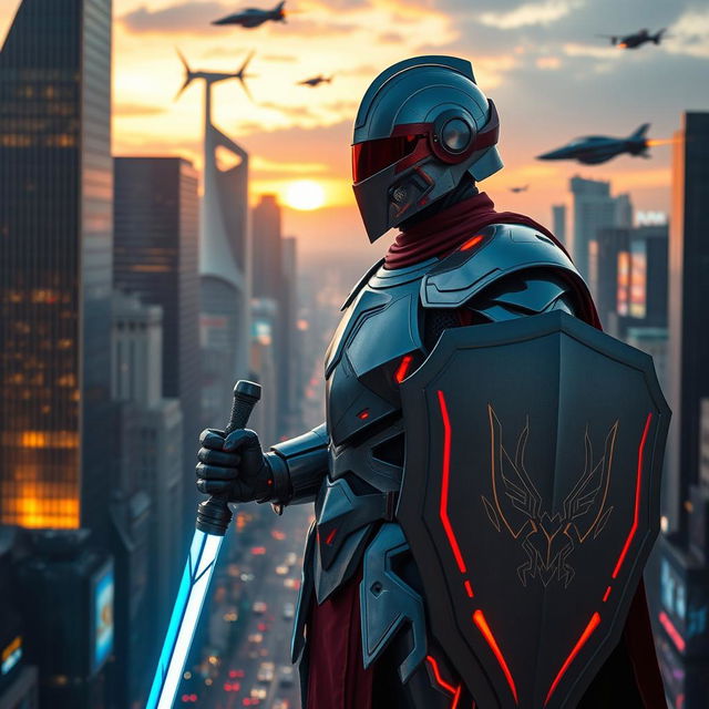 A modern knight poised impressively against a backdrop of a bustling urban landscape, sporting innovative, lightweight armor integrated with advanced technology