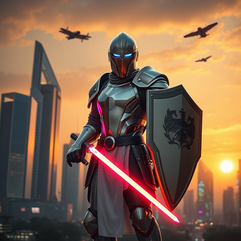 A modern knight poised impressively against a backdrop of a bustling urban landscape, sporting innovative, lightweight armor integrated with advanced technology