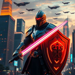 A modern knight poised impressively against a backdrop of a bustling urban landscape, sporting innovative, lightweight armor integrated with advanced technology