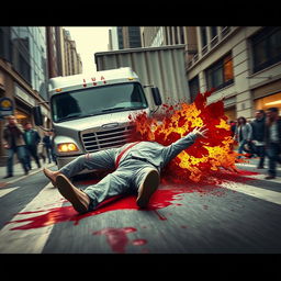 A dramatic and intense scene of a man being struck by a truck, with a strong emphasis on the impact and chaos of the moment