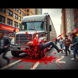 A dramatic and intense scene of a man being struck by a truck, with a strong emphasis on the impact and chaos of the moment