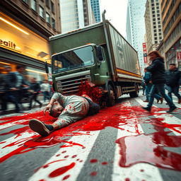 A dramatic and intense scene of a man being struck by a truck, with a strong emphasis on the impact and chaos of the moment