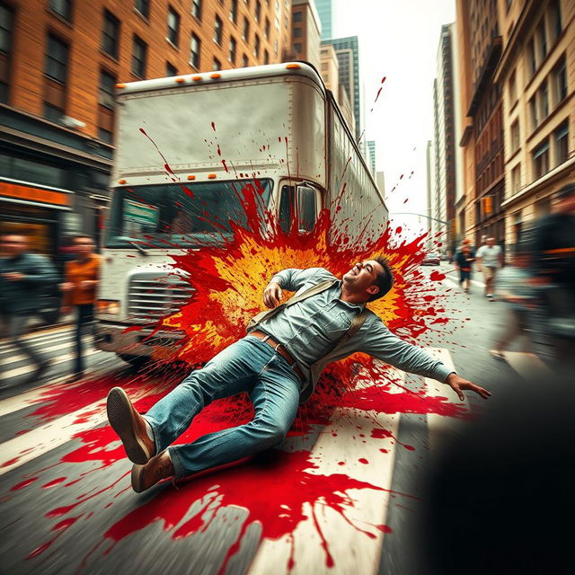 A dramatic and intense scene of a man being struck by a truck, with a strong emphasis on the impact and chaos of the moment