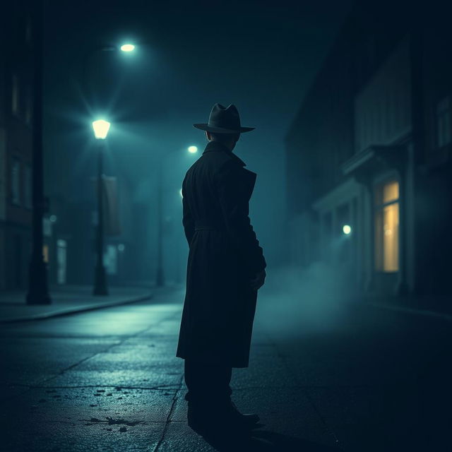 A dramatic, mysterious scene featuring a solitary figure standing on a dimly lit street at night