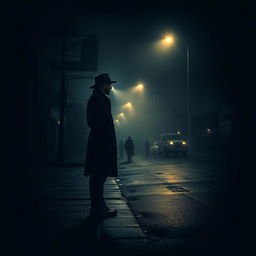 A dramatic, mysterious scene featuring a solitary figure standing on a dimly lit street at night