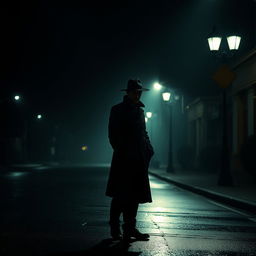 A dramatic, mysterious scene featuring a solitary figure standing on a dimly lit street at night