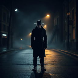 A dramatic, mysterious scene featuring a solitary figure standing on a dimly lit street at night