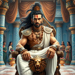 A high-resolution close-up shot of an Indian muscular king with flowing hair and a clear, sharp face