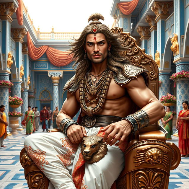 A high-resolution close-up shot of an Indian muscular king with flowing hair and a clear, sharp face