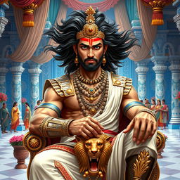A high-resolution close-up shot of an Indian muscular king with flowing hair and a clear, sharp face